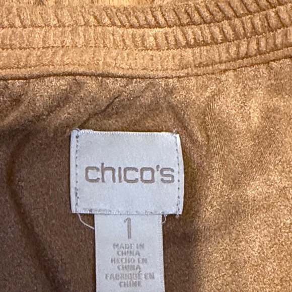 Chico's women’s medium 8 dress Off Shoulder Mini Tan brown suede stretch flutter - Picture 4 of 7
